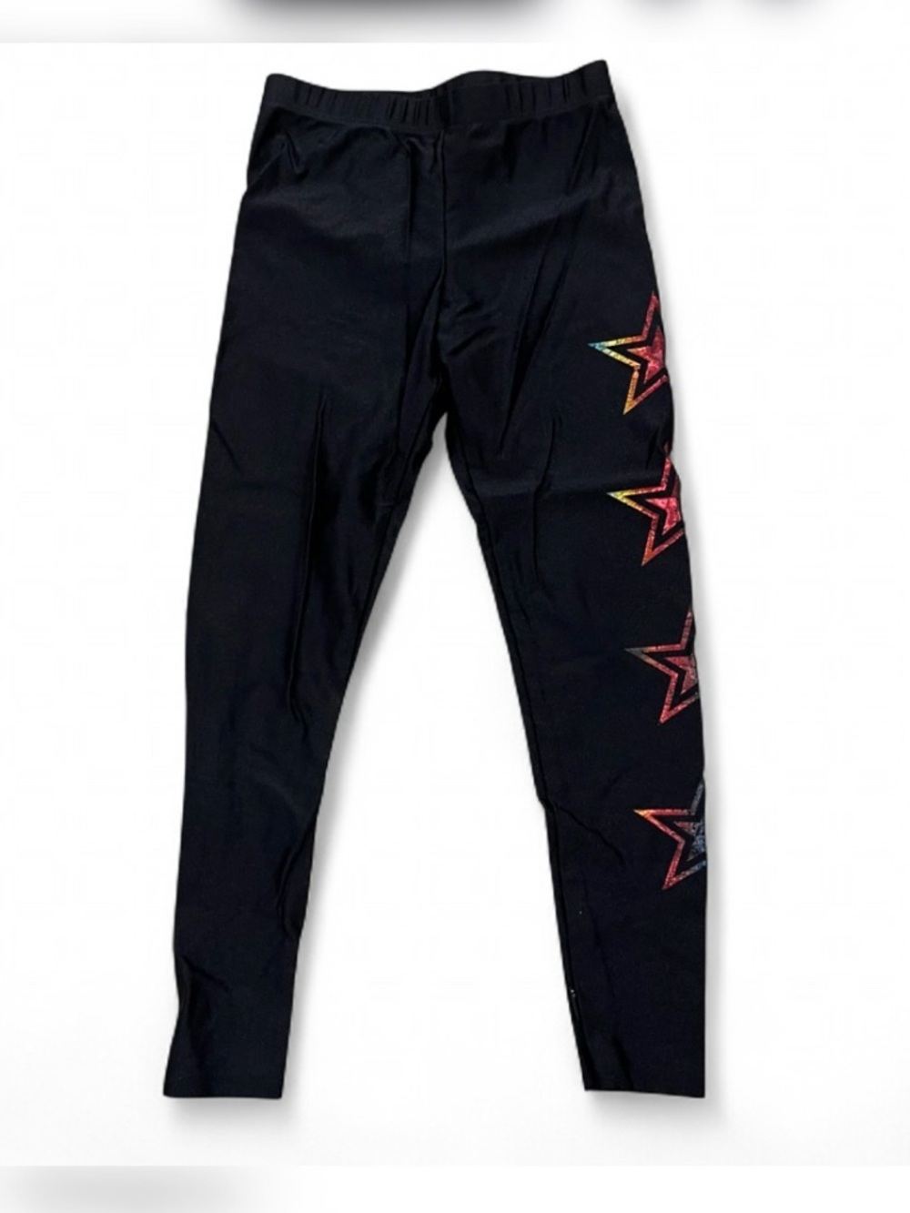 PIXIELANE- Black Leggings with Rainbow Star Side Accents